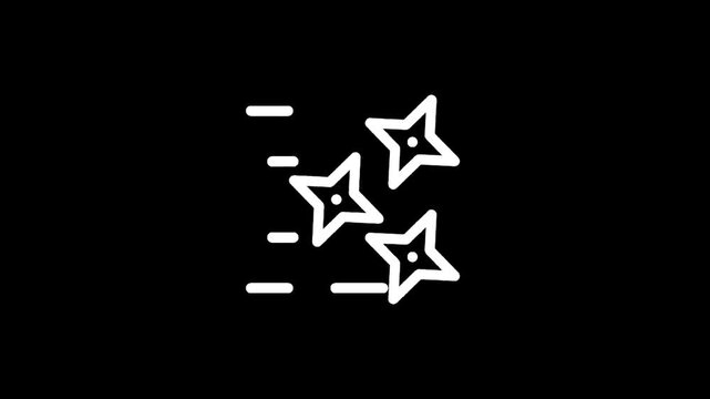 Three white ninja stars flying in motion on a black background, icon style