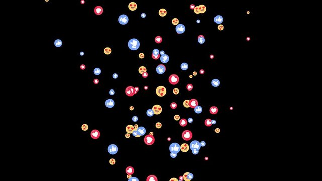 Social media live streaming reaction emoji animation &ndash; Heart Eyes, Like, and Laughing Faces flying Upward on black background, 4K alpha channel transparent overlay loop.