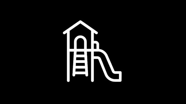Simple white line drawing of a playground slide and climbing structure on a black background