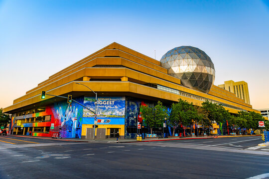 National Bowling Stadium glows at night in Reno