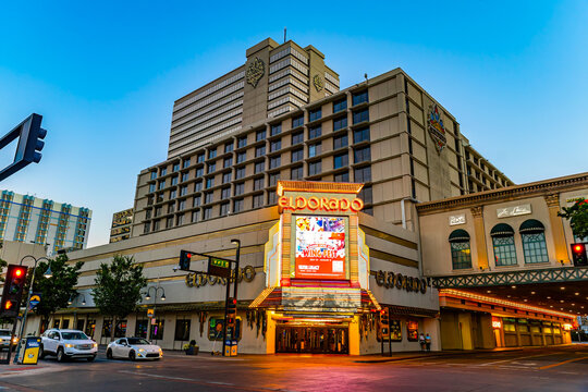 Eldorado resort and casino entrance glows at night