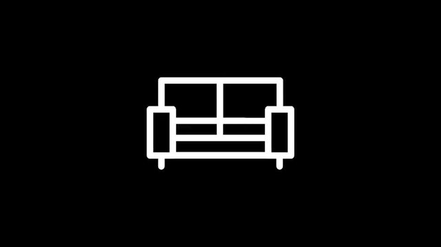 Minimalist white line art icon of a sofa on a black background