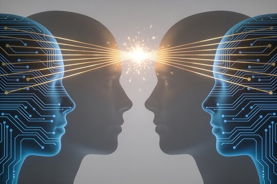 Human and AI profile heads connect with glowing spark, symbolizing collaboration and technology