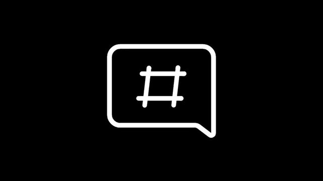 Simple white hashtag icon inside a speech bubble on a black background