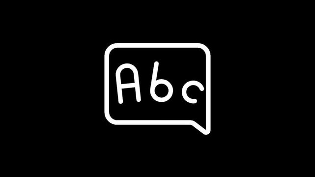 Simple white line art icon of ABC letters inside a speech bubble on black background