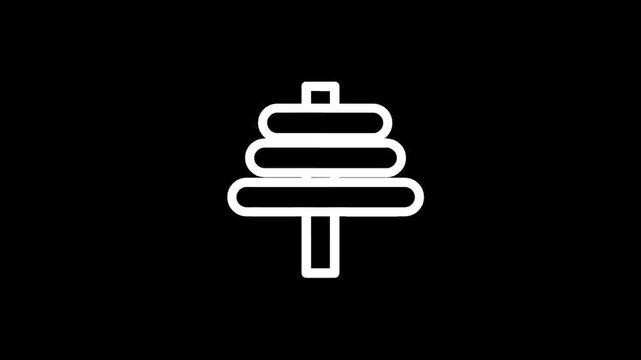 Simple white stacking rings toy icon on a black background, minimalist design
