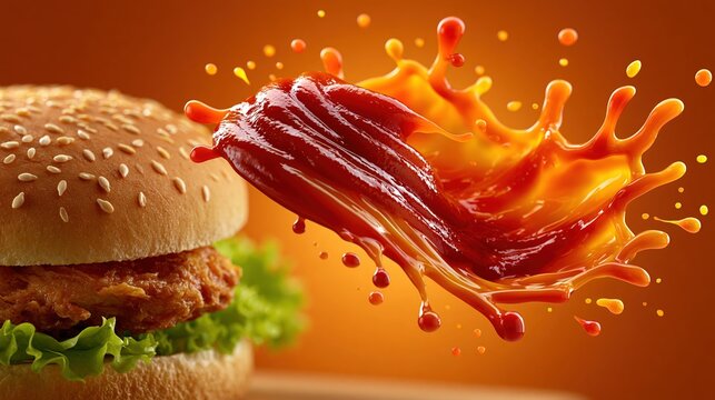 Chicken burger with explosive ketchup splash on warm orange background
