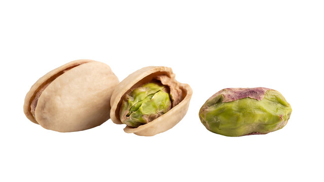 Open pistachio shell with green kernel and empty shell, isolated on transparent background 