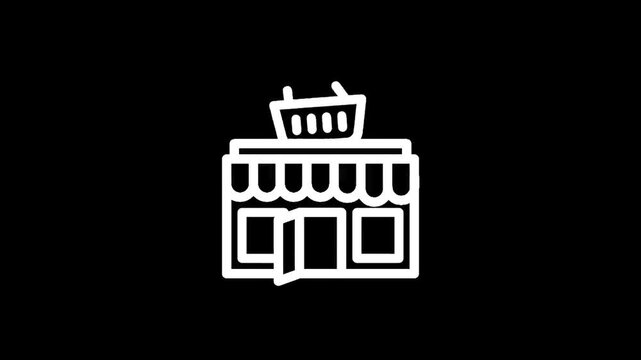 Simple white line art icon of a storefront with an open door and shopping basket on top