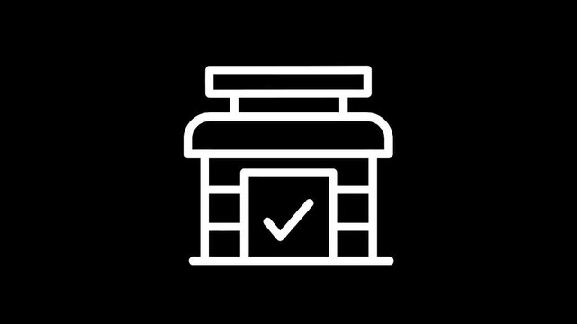 Simple white line art icon of a storefront on a black background
