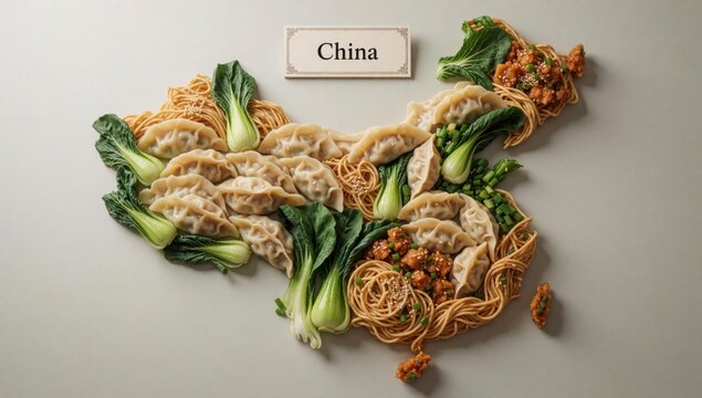 Flat lay plate chinese noodles dumplings arranged shape heart word china written cursive font top dumpling lef