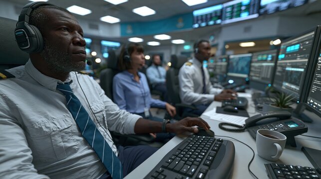 Specialists coordinating during incident simulation in command center