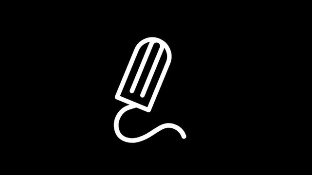 Minimalist white line icon of a tampon on a black background