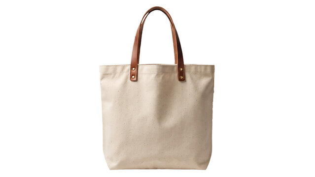 Stylish Beige Tote Bag with Brown Leather Straps Isolated on Transparent Background &ndash; Fashionable Everyday Accessory
