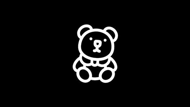 Simple white teddy bear icon on a black background, minimalist design