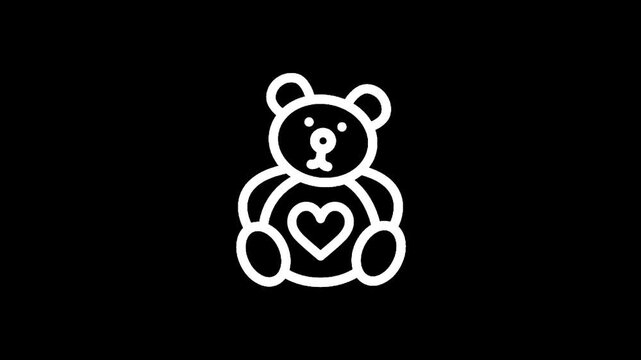 Simple white outline teddy bear with heart icon on black background