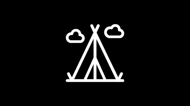 Simple white outline of a teepee tent with two clouds on a black background