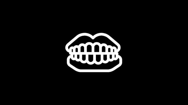 Simple white line art icon of human teeth and lips on a black background