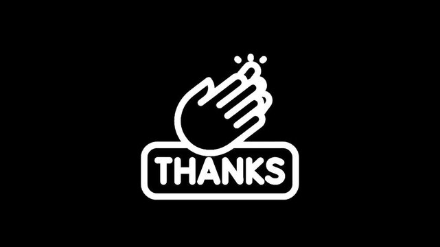 White clapping hands icon with the word thanks on a black background