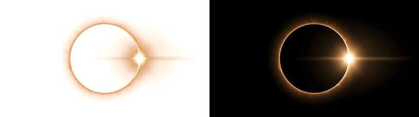 Solar eclipse displaying a glowing diamond ring effect with radiant PNG, Transparent and Black Background Versions © Guddoo