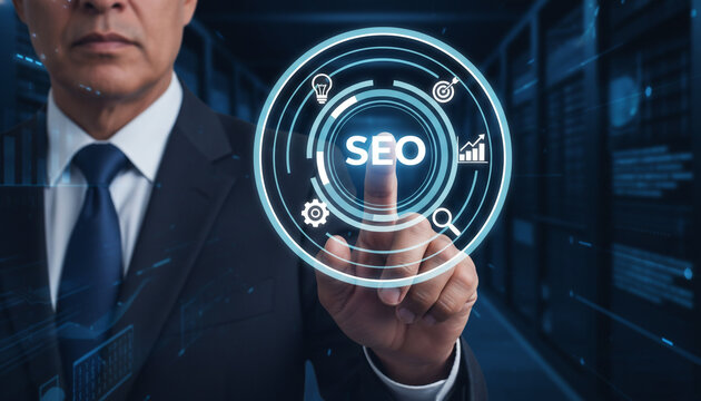 Corporate leader using seo optimization interface within data server room.