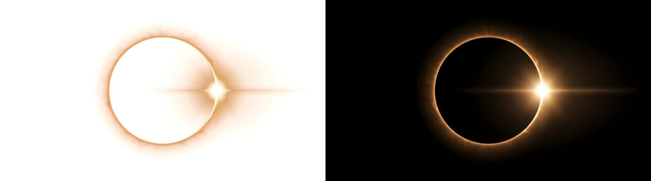Solar eclipse displaying a glowing diamond ring effect with radiant PNG, Transparent and Black Background Versions