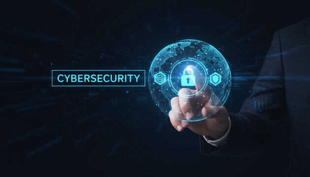 Cybersecurity concept with glowing globe and human hand touching screen.