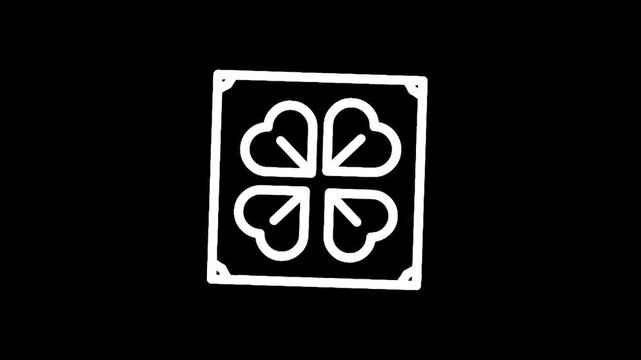 Simple white four-leaf clover icon on a black background, minimalist design