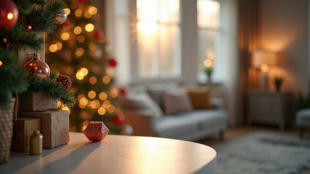 minimalist mantelpiece with space for holiday branding bathed in natural light near a softly focused christmas tree interior decor<|"|>