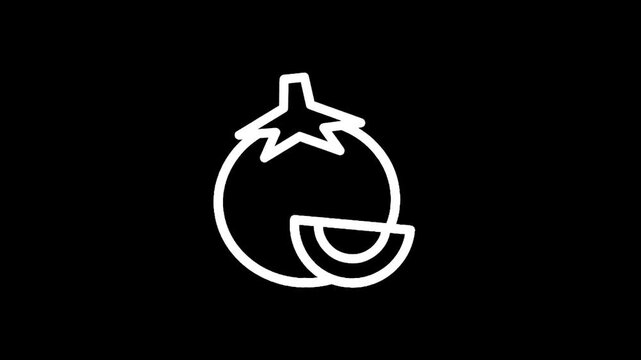 Simple white line icon of a tomato with a slice on a black background