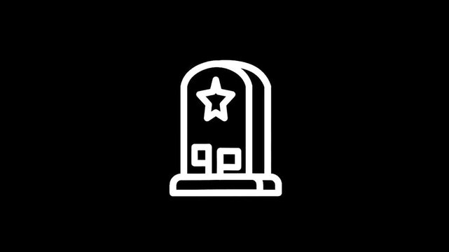 Simple white outline icon of a tombstone with a star on a black background