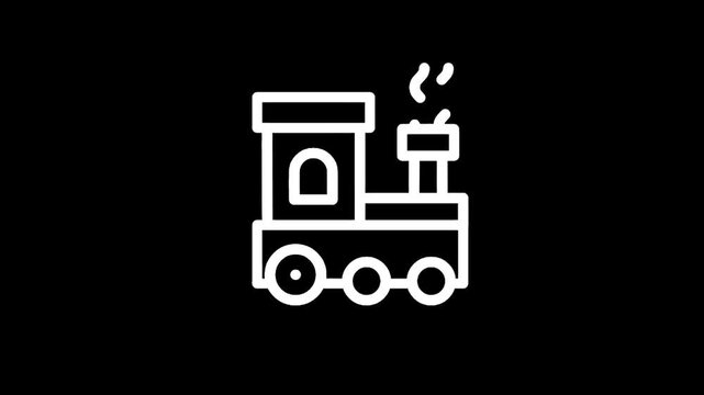 Simple white line art icon of a steam train on a black background