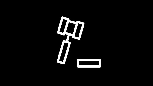 Simple white gavel icon striking a block on a black background, symbolizing justice