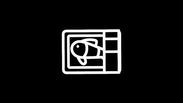 Simple white line art icon of a fish in a rectangular container on a black background