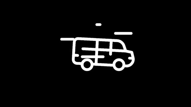 Simple line art icon of a van in motion against a black background