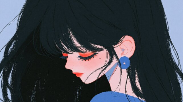 Growth mindset portrait of anime girl with dark hair blue flower earring closed eyes and retro aesthetic illustration style
