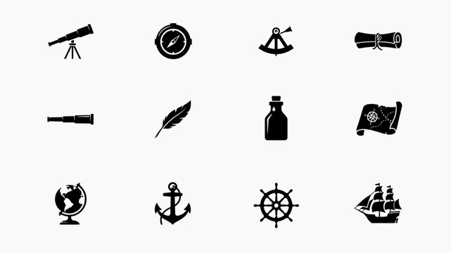 Classic black and white vintage exploration and adventure icon set collection with evoking sense adventure discovery exploration tools maritime