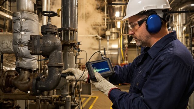 Industrial technician testing steam trap with ultrasonic detector