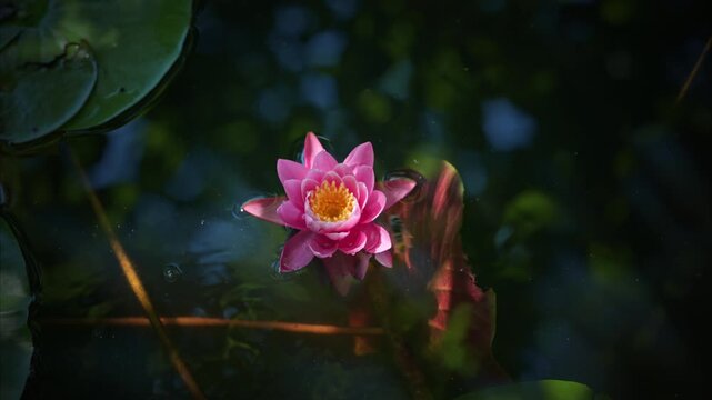 Pink lotus flower in the pond with an insect flying over it.
