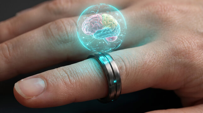 Futuristic smart ring with holographic brain interface, wearable technology on human hand, digital health and neurotechnology concept