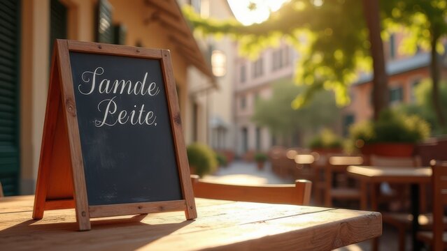 brightly lit european cafe terrace empty wooden table with chalkboard menu for restaurant advertisement golden hour light tabletop still life