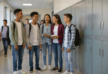 Fototapeta premium Diverse students talking in school hallway