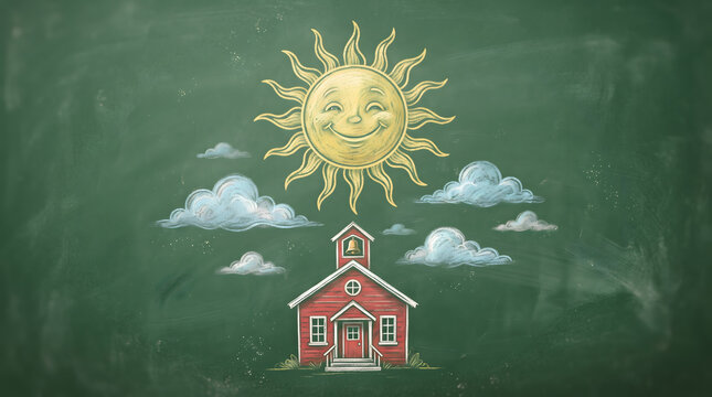 Chalkboard sun over a red schoolhouse