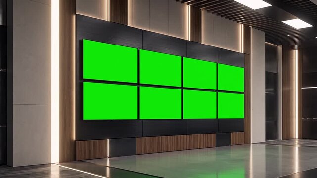 : Digital video wall with green screen Multiple TV Screens background for broadcast studio monitor technology chroma key blank