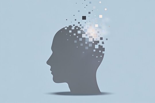 Minimal vector artwork of a human profile breaking into scattered pixels, expressing fading concentration, digital overload, mental fatigue, and technology-driven cognitive change.