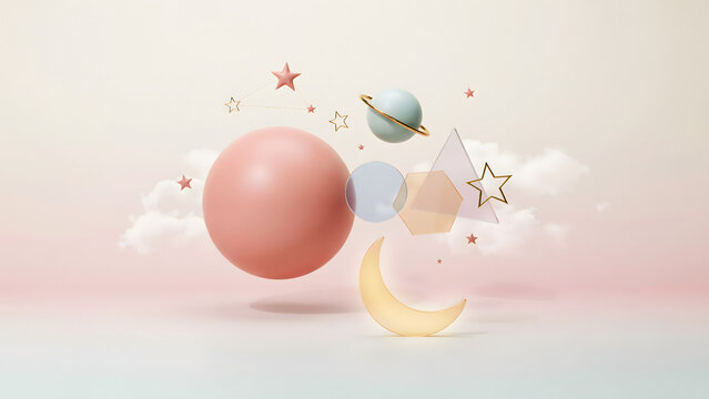 Pastel 3d abstract space scene with moon and planets