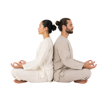 Couple meditating in tantra yoga pose side by side against white void isolated on transparent background png element