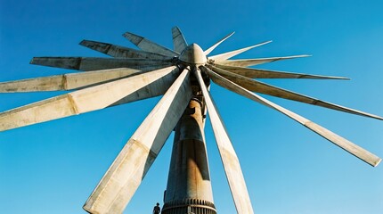 Fototapeta premium Low angle view of a rustic wind turbine blade rotor against clear blue sky