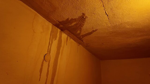 Water damage evident on ceiling and walls with visible cracks and stains