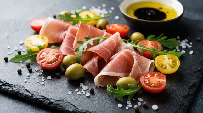 Italian antipasto plate with prosciutto olives and tomatoes on stone board
